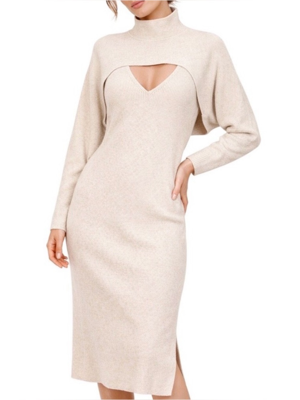 Banana Republic Ribbed Cutout Sweater Dress Women's Large Cream 2 Piece Knit Set